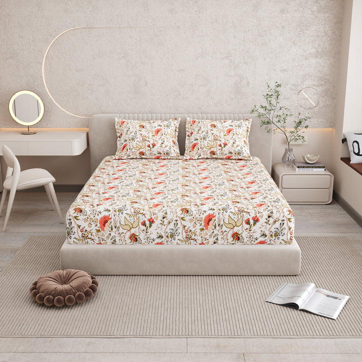 Bella Casa Fashion & Retail Ltd BEDSHEET 72 inch x 78 inch + 10 inch / Multicolor / 100 % Pure Cotton Double Fitted Bedsheet Set 100% Cotton with 2 Pillow Covers Floral Design Multi Colour - Scarlet Collection
