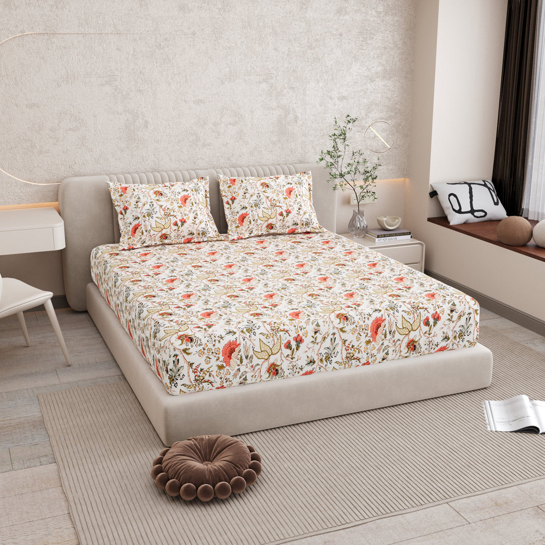 Bella Casa Fashion & Retail Ltd BEDSHEET 72 inch x 78 inch + 10 inch / Multicolor / 100 % Pure Cotton Double Fitted Bedsheet Set 100% Cotton with 2 Pillow Covers Floral Design Multi Colour - Scarlet Collection