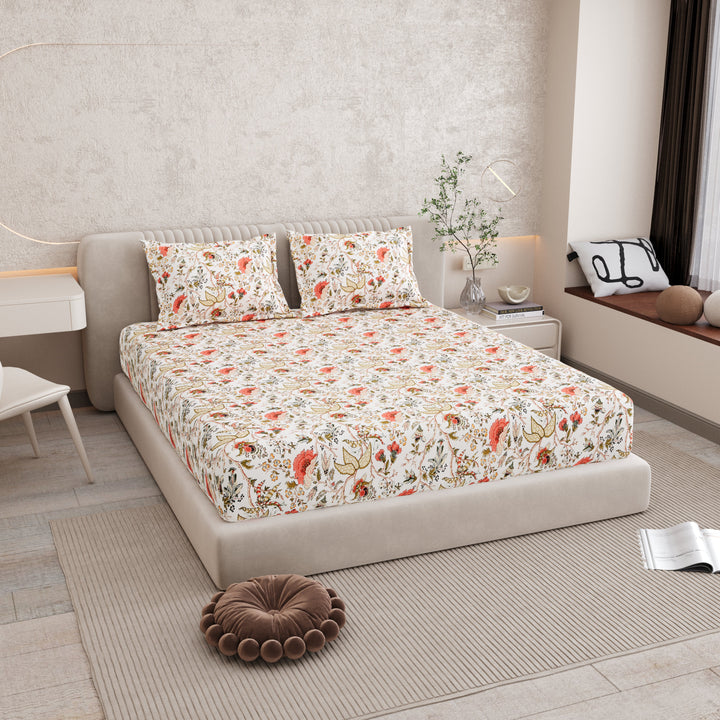 Bella Casa Fashion & Retail Ltd BEDSHEET 72 inch x 78 inch + 10 inch / Multicolor / 100 % Pure Cotton Double Fitted Bedsheet Set 100% Cotton with 2 Pillow Covers Floral Design Multi Colour - Scarlet Collection