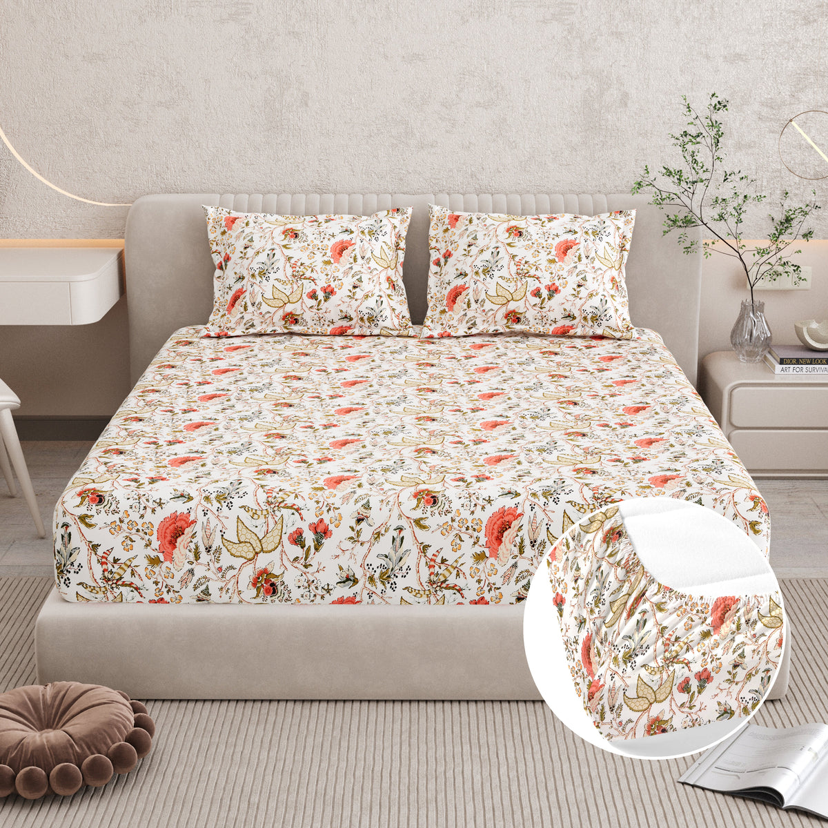 Bella Casa Fashion & Retail Ltd BEDSHEET 72 inch x 78 inch + 10 inch / Multicolor / 100 % Pure Cotton Double Fitted Bedsheet Set 100% Cotton with 2 Pillow Covers Floral Design Multi Colour - Scarlet Collection