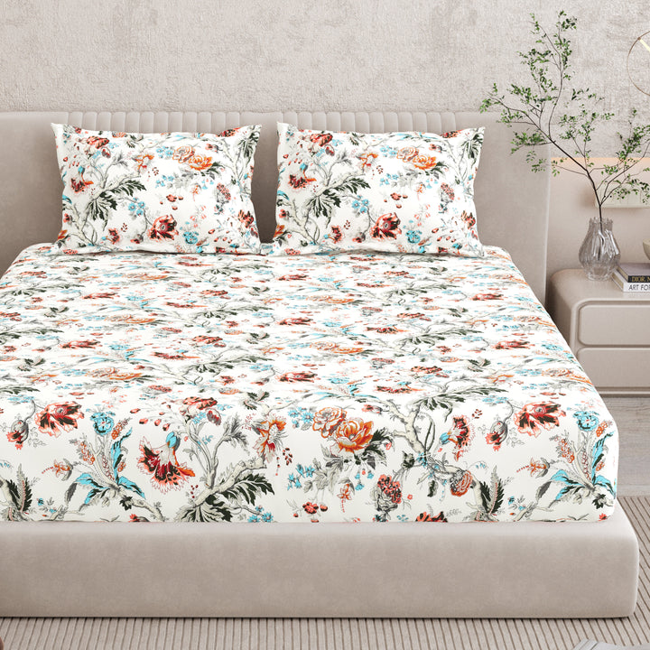Bella Casa Fashion & Retail Ltd BEDSHEET 72 inch x 78 inch + 10 inch / Multicolor / 100 % Pure Cotton Double Fitted Bedsheet Set 100% Cotton with 2 Pillow Covers Floral Design Multi Colour - Scarlet Collection