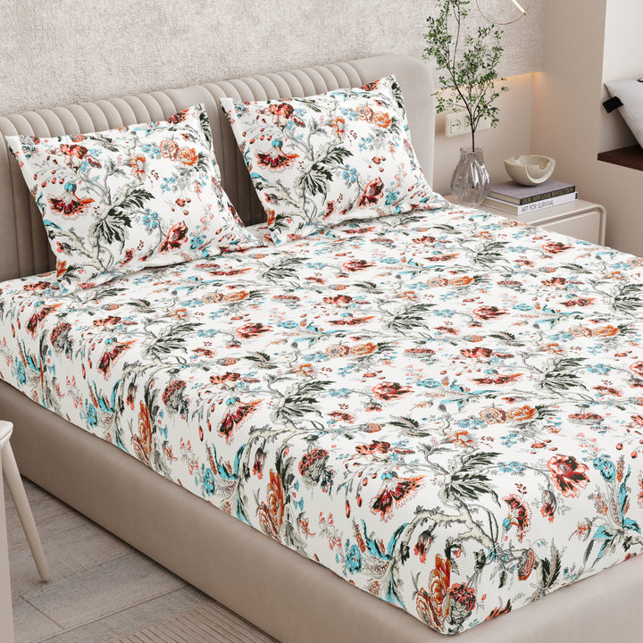 Bella Casa Fashion & Retail Ltd BEDSHEET 72 inch x 78 inch + 10 inch / Multicolor / 100 % Pure Cotton Double Fitted Bedsheet Set 100% Cotton with 2 Pillow Covers Floral Design Multi Colour - Scarlet Collection