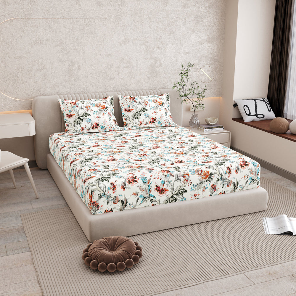 Bella Casa Fashion & Retail Ltd BEDSHEET 72 inch x 78 inch + 10 inch / Multicolor / 100 % Pure Cotton Double Fitted Bedsheet Set 100% Cotton with 2 Pillow Covers Floral Design Multi Colour - Scarlet Collection