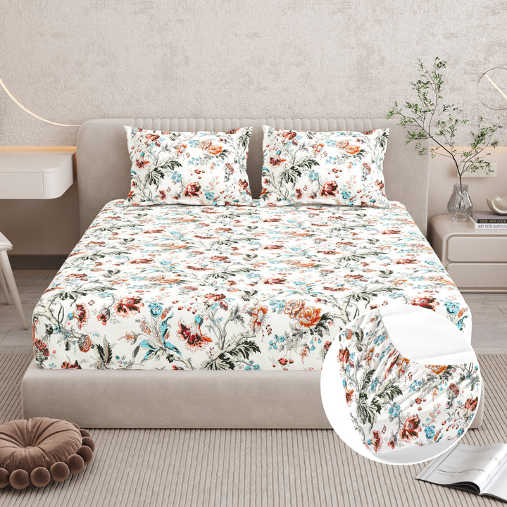 Bella Casa Fashion & Retail Ltd BEDSHEET 72 inch x 78 inch + 10 inch / Multicolor / 100 % Pure Cotton Double Fitted Bedsheet Set 100% Cotton with 2 Pillow Covers Floral Design Multi Colour - Scarlet Collection