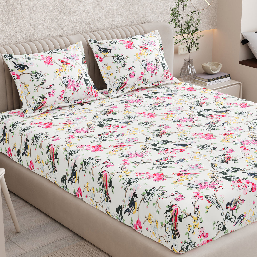 Bella Casa Fashion & Retail Ltd BEDSHEET 72 inch x 78 inch + 10 inch / Multicolor / 100 % Pure Cotton Double Fitted Bedsheet Set 100% Cotton with 2 Pillow Covers Floral Design Multi Colour - Scarlet Collection