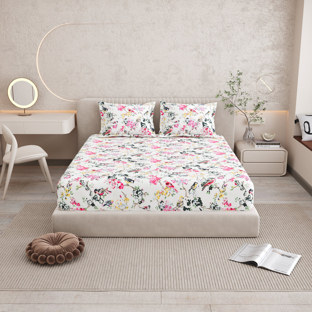 Bella Casa Fashion & Retail Ltd BEDSHEET 72 inch x 78 inch + 10 inch / Multicolor / 100 % Pure Cotton Double Fitted Bedsheet Set 100% Cotton with 2 Pillow Covers Floral Design Multi Colour - Scarlet Collection