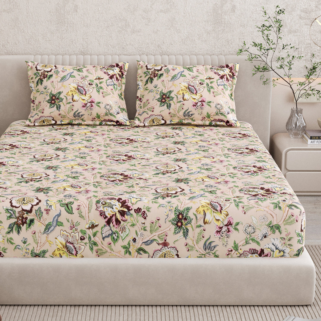 Bella Casa Fashion & Retail Ltd BEDSHEET 72 inch x 78 inch + 10 inch / Multicolor / 100 % Pure Cotton Double Fitted Bedsheet Set 100% Cotton with 2 Pillow Covers Floral Design Multi Colour - Scarlet Collection