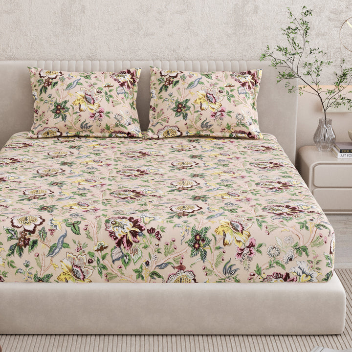 Bella Casa Fashion & Retail Ltd BEDSHEET 72 inch x 78 inch + 10 inch / Multicolor / 100 % Pure Cotton Double Fitted Bedsheet Set 100% Cotton with 2 Pillow Covers Floral Design Multi Colour - Scarlet Collection