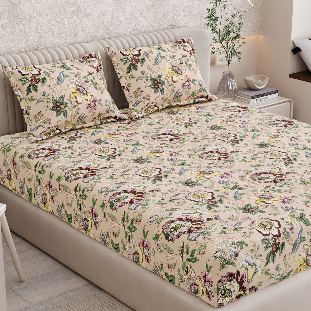 Bella Casa Fashion & Retail Ltd BEDSHEET 72 inch x 78 inch + 10 inch / Multicolor / 100 % Pure Cotton Double Fitted Bedsheet Set 100% Cotton with 2 Pillow Covers Floral Design Multi Colour - Scarlet Collection