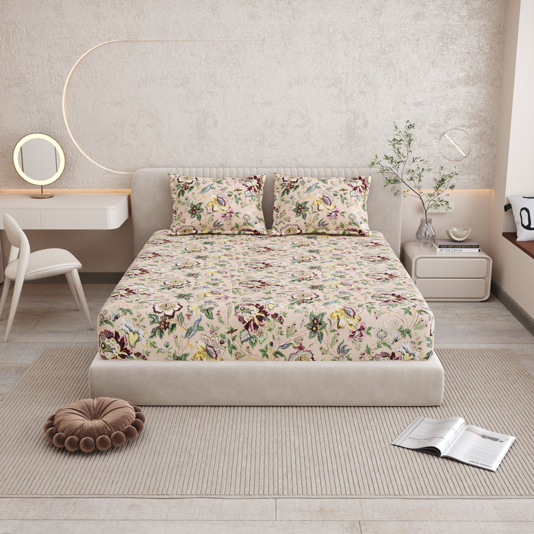 Bella Casa Fashion & Retail Ltd BEDSHEET 72 inch x 78 inch + 10 inch / Multicolor / 100 % Pure Cotton Double Fitted Bedsheet Set 100% Cotton with 2 Pillow Covers Floral Design Multi Colour - Scarlet Collection