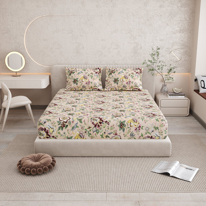 Bella Casa Fashion & Retail Ltd BEDSHEET 72 inch x 78 inch + 10 inch / Multicolor / 100 % Pure Cotton Double Fitted Bedsheet Set 100% Cotton with 2 Pillow Covers Floral Design Multi Colour - Scarlet Collection