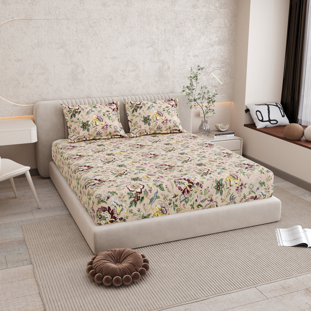 Bella Casa Fashion & Retail Ltd BEDSHEET 72 inch x 78 inch + 10 inch / Multicolor / 100 % Pure Cotton Double Fitted Bedsheet Set 100% Cotton with 2 Pillow Covers Floral Design Multi Colour - Scarlet Collection