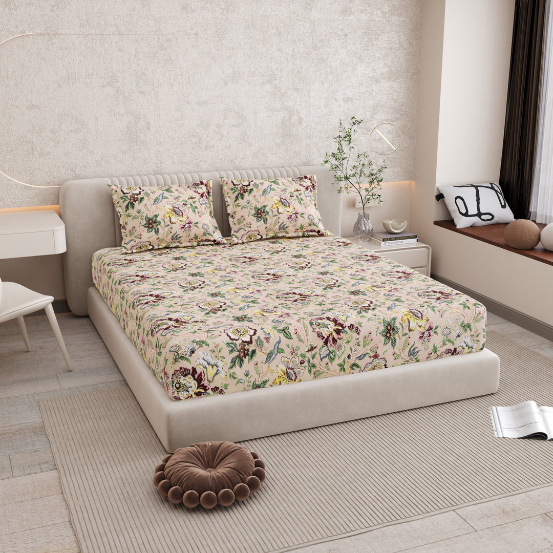 Bella Casa Fashion & Retail Ltd BEDSHEET 72 inch x 78 inch + 10 inch / Multicolor / 100 % Pure Cotton Double Fitted Bedsheet Set 100% Cotton with 2 Pillow Covers Floral Design Multi Colour - Scarlet Collection