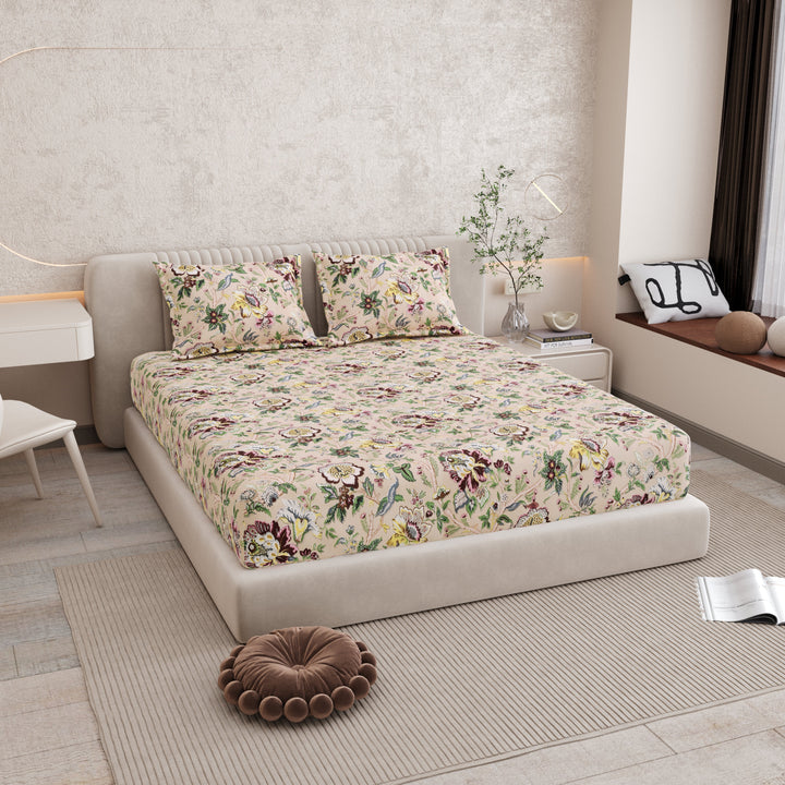Bella Casa Fashion & Retail Ltd BEDSHEET 72 inch x 78 inch + 10 inch / Multicolor / 100 % Pure Cotton Double Fitted Bedsheet Set 100% Cotton with 2 Pillow Covers Floral Design Multi Colour - Scarlet Collection