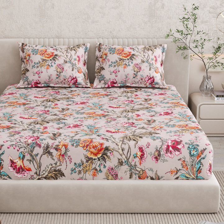 Bella Casa Fashion & Retail Ltd BEDSHEET 72 inch x 78 inch + 10 inch / Multicolor / 100 % Pure Cotton Double Fitted Bedsheet Set 100% Cotton with 2 Pillow Covers Floral Design Multi Colour - Scarlet Collection