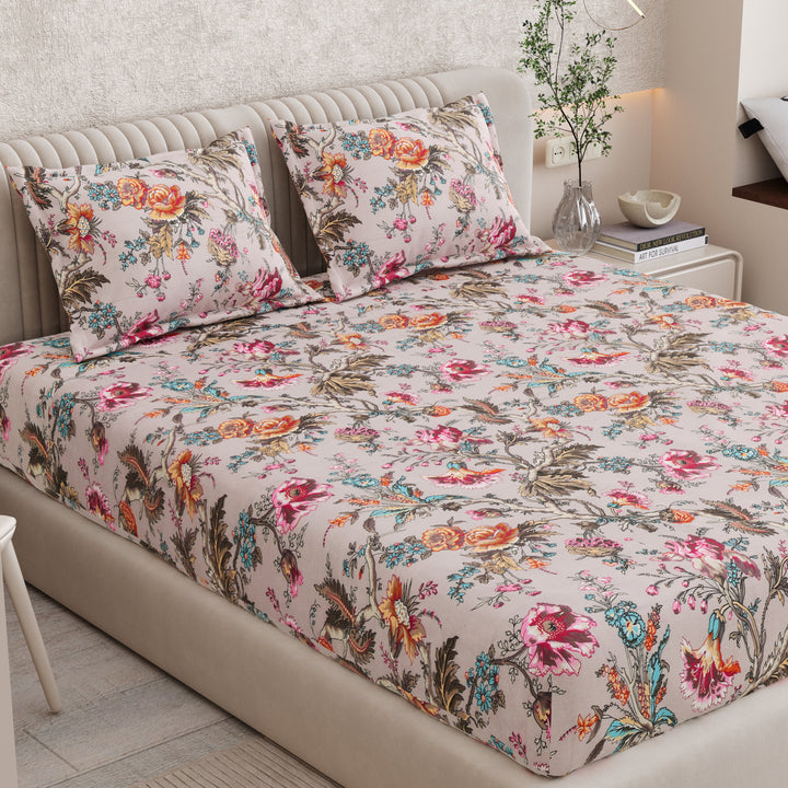 Bella Casa Fashion & Retail Ltd BEDSHEET 72 inch x 78 inch + 10 inch / Multicolor / 100 % Pure Cotton Double Fitted Bedsheet Set 100% Cotton with 2 Pillow Covers Floral Design Multi Colour - Scarlet Collection