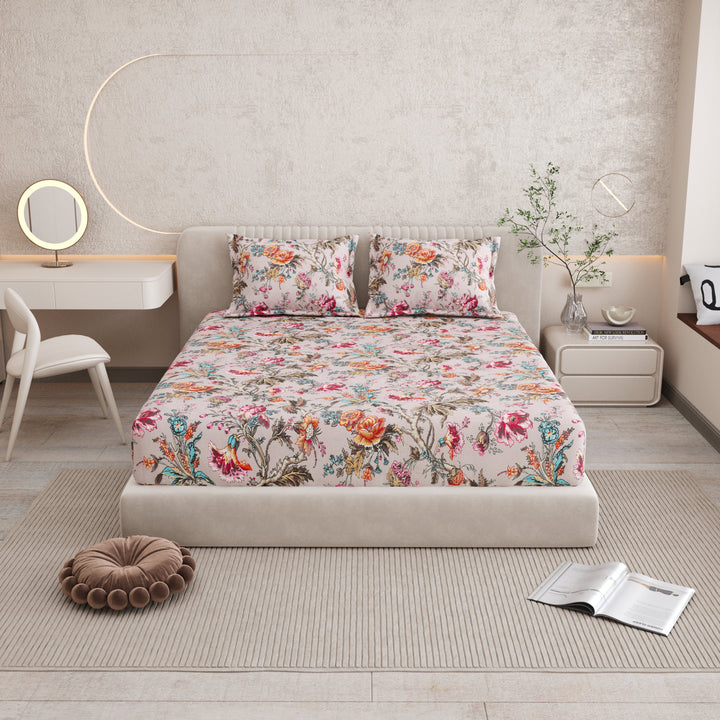 Bella Casa Fashion & Retail Ltd BEDSHEET 72 inch x 78 inch + 10 inch / Multicolor / 100 % Pure Cotton Double Fitted Bedsheet Set 100% Cotton with 2 Pillow Covers Floral Design Multi Colour - Scarlet Collection