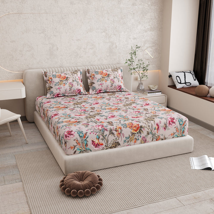 Bella Casa Fashion & Retail Ltd BEDSHEET 72 inch x 78 inch + 10 inch / Multicolor / 100 % Pure Cotton Double Fitted Bedsheet Set 100% Cotton with 2 Pillow Covers Floral Design Multi Colour - Scarlet Collection