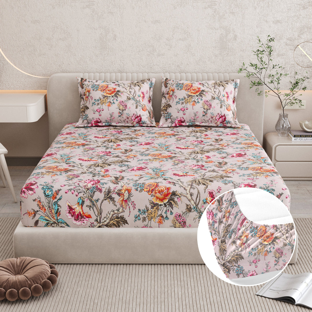 Bella Casa Fashion & Retail Ltd BEDSHEET 72 inch x 78 inch + 10 inch / Multicolor / 100 % Pure Cotton Double Fitted Bedsheet Set 100% Cotton with 2 Pillow Covers Floral Design Multi Colour - Scarlet Collection