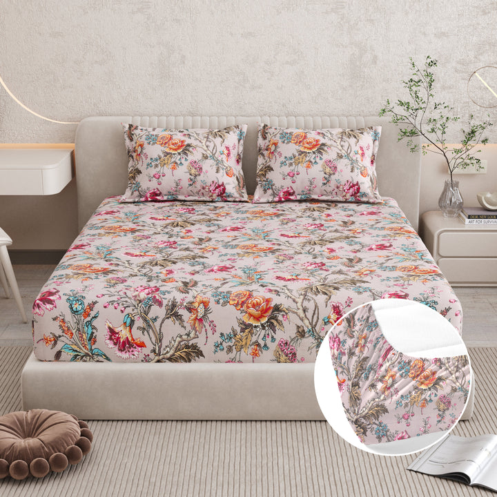 Bella Casa Fashion & Retail Ltd BEDSHEET 72 inch x 78 inch + 10 inch / Multicolor / 100 % Pure Cotton Double Fitted Bedsheet Set 100% Cotton with 2 Pillow Covers Floral Design Multi Colour - Scarlet Collection