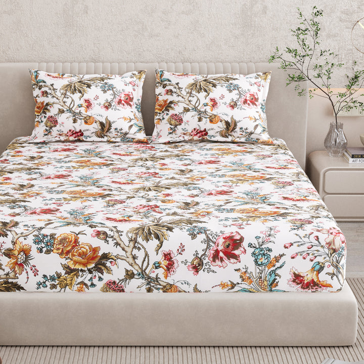 Bella Casa Fashion & Retail Ltd BEDSHEET 72 inch x 78 inch + 10 inch / Multicolor / 100 % Pure Cotton Double Fitted Bedsheet Set 100% Cotton with 2 Pillow Covers Floral Design Multi Colour - Scarlet Collection