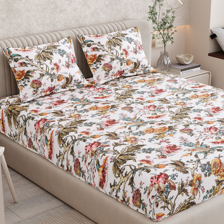 Bella Casa Fashion & Retail Ltd BEDSHEET 72 inch x 78 inch + 10 inch / Multicolor / 100 % Pure Cotton Double Fitted Bedsheet Set 100% Cotton with 2 Pillow Covers Floral Design Multi Colour - Scarlet Collection