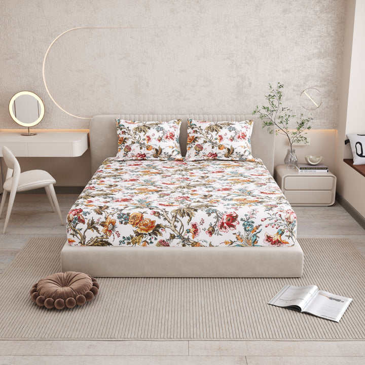 Bella Casa Fashion & Retail Ltd BEDSHEET 72 inch x 78 inch + 10 inch / Multicolor / 100 % Pure Cotton Double Fitted Bedsheet Set 100% Cotton with 2 Pillow Covers Floral Design Multi Colour - Scarlet Collection
