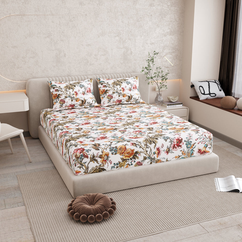 Bella Casa Fashion & Retail Ltd BEDSHEET 72 inch x 78 inch + 10 inch / Multicolor / 100 % Pure Cotton Double Fitted Bedsheet Set 100% Cotton with 2 Pillow Covers Floral Design Multi Colour - Scarlet Collection
