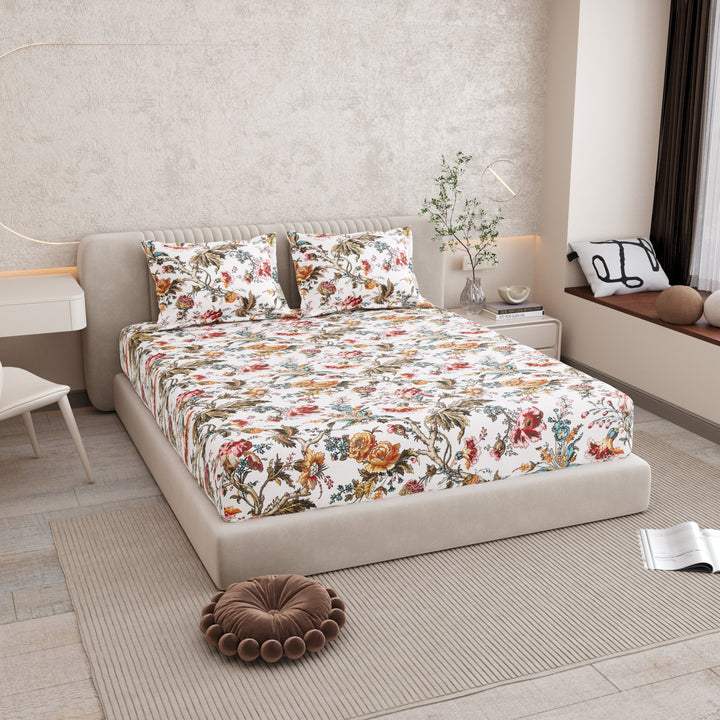 Bella Casa Fashion & Retail Ltd BEDSHEET 72 inch x 78 inch + 10 inch / Multicolor / 100 % Pure Cotton Double Fitted Bedsheet Set 100% Cotton with 2 Pillow Covers Floral Design Multi Colour - Scarlet Collection