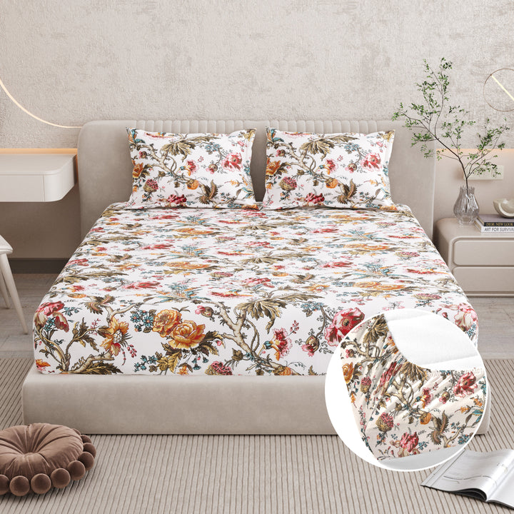 Bella Casa Fashion & Retail Ltd BEDSHEET 72 inch x 78 inch + 10 inch / Multicolor / 100 % Pure Cotton Double Fitted Bedsheet Set 100% Cotton with 2 Pillow Covers Floral Design Multi Colour - Scarlet Collection