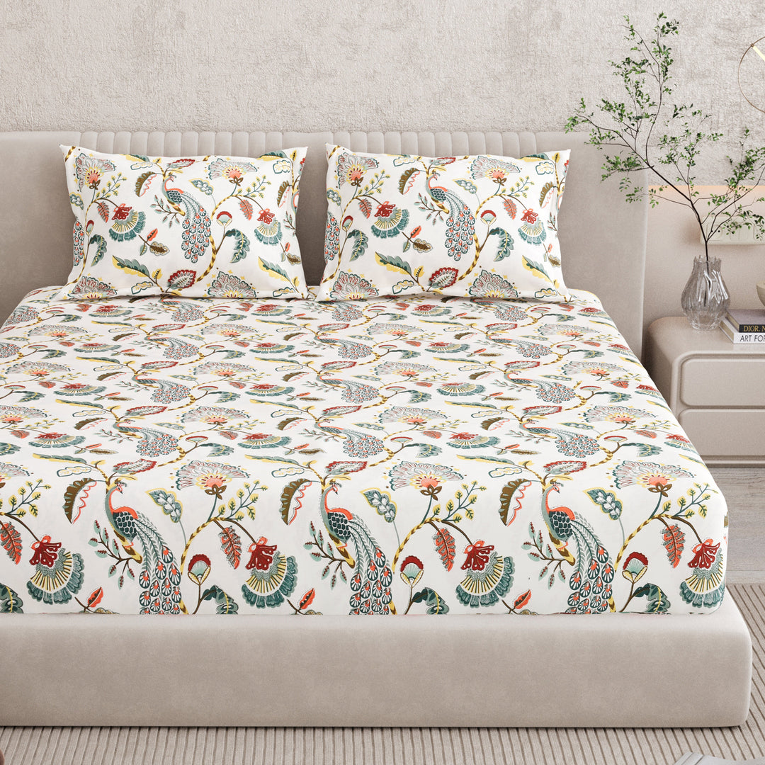 Bella Casa Fashion & Retail Ltd BEDSHEET 72 inch x 78 inch + 10 inch / Multicolor / 100 % Pure Cotton Double Fitted Bedsheet Set 100% Cotton with 2 Pillow Covers Floral Design Multi Colour - Scarlet Collection