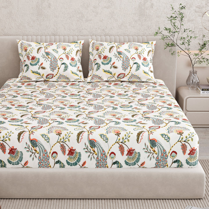 Bella Casa Fashion & Retail Ltd BEDSHEET 72 inch x 78 inch + 10 inch / Multicolor / 100 % Pure Cotton Double Fitted Bedsheet Set 100% Cotton with 2 Pillow Covers Floral Design Multi Colour - Scarlet Collection