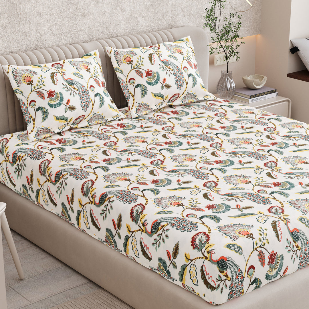 Bella Casa Fashion & Retail Ltd BEDSHEET 72 inch x 78 inch + 10 inch / Multicolor / 100 % Pure Cotton Double Fitted Bedsheet Set 100% Cotton with 2 Pillow Covers Floral Design Multi Colour - Scarlet Collection