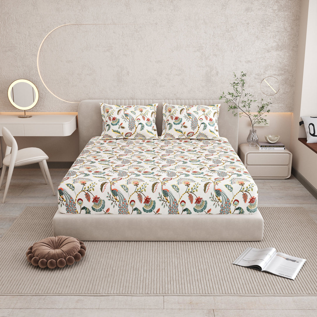 Bella Casa Fashion & Retail Ltd BEDSHEET 72 inch x 78 inch + 10 inch / Multicolor / 100 % Pure Cotton Double Fitted Bedsheet Set 100% Cotton with 2 Pillow Covers Floral Design Multi Colour - Scarlet Collection