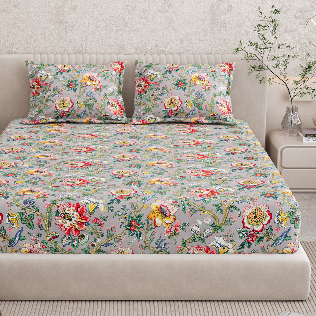 Bella Casa Fashion & Retail Ltd BEDSHEET 72 inch x 78 inch + 10 inch / Multicolor / 100 % Pure Cotton Double Fitted Bedsheet Set 100% Cotton with 2 Pillow Covers Floral Design Multi Colour - Scarlet Collection