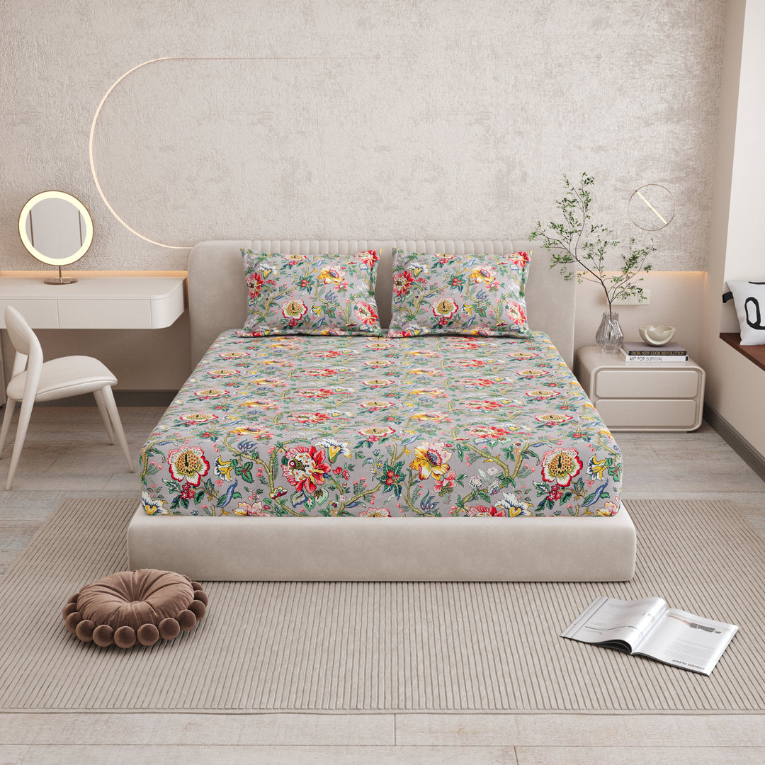 Bella Casa Fashion & Retail Ltd BEDSHEET 72 inch x 78 inch + 10 inch / Multicolor / 100 % Pure Cotton Double Fitted Bedsheet Set 100% Cotton with 2 Pillow Covers Floral Design Multi Colour - Scarlet Collection