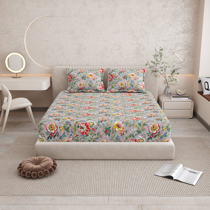 Bella Casa Fashion & Retail Ltd BEDSHEET 72 inch x 78 inch + 10 inch / Multicolor / 100 % Pure Cotton Double Fitted Bedsheet Set 100% Cotton with 2 Pillow Covers Floral Design Multi Colour - Scarlet Collection