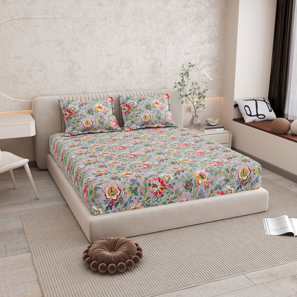 Bella Casa Fashion & Retail Ltd BEDSHEET 72 inch x 78 inch + 10 inch / Multicolor / 100 % Pure Cotton Double Fitted Bedsheet Set 100% Cotton with 2 Pillow Covers Floral Design Multi Colour - Scarlet Collection