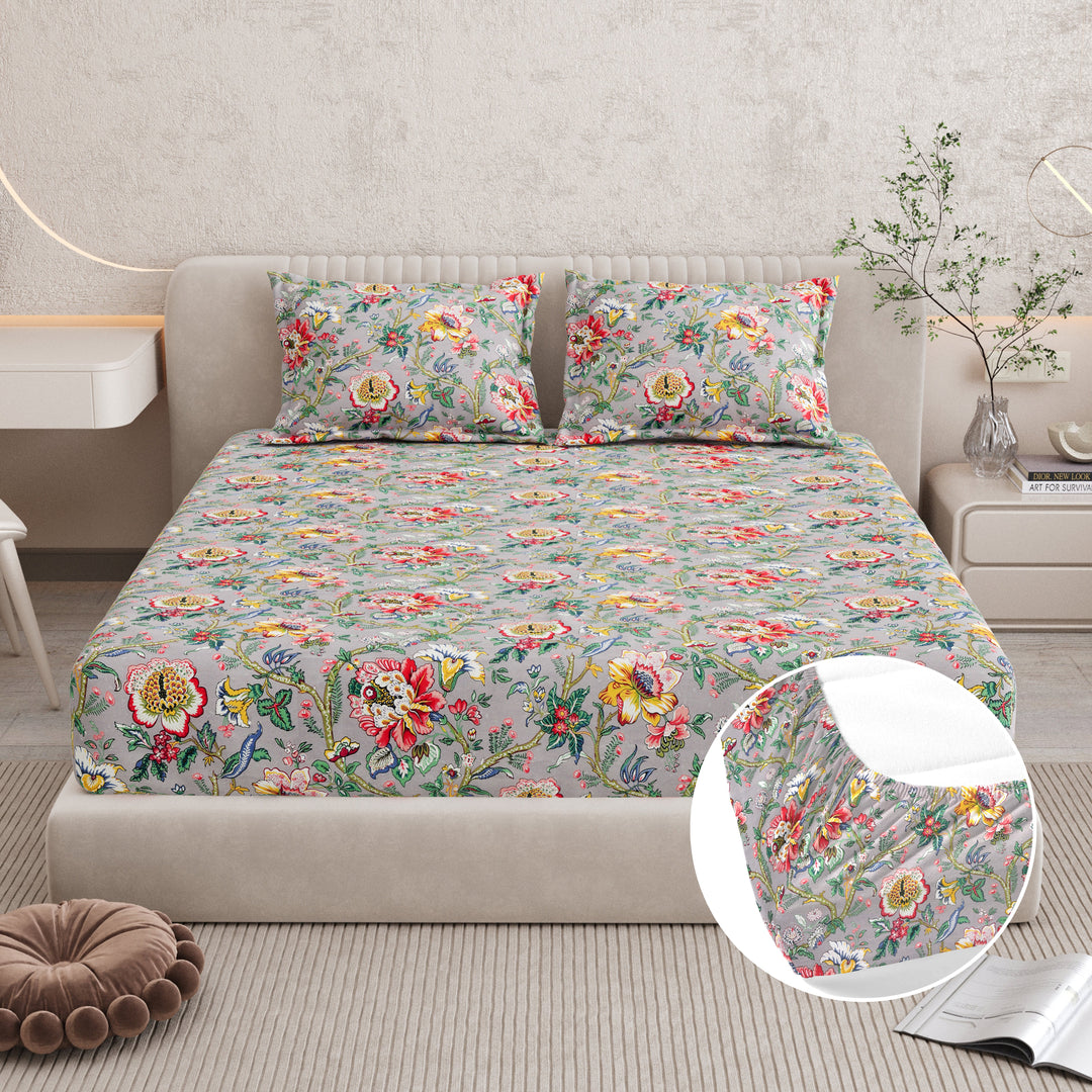 Bella Casa Fashion & Retail Ltd BEDSHEET 72 inch x 78 inch + 10 inch / Multicolor / 100 % Pure Cotton Double Fitted Bedsheet Set 100% Cotton with 2 Pillow Covers Floral Design Multi Colour - Scarlet Collection