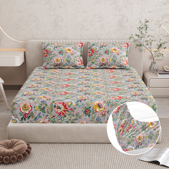 Bella Casa Fashion & Retail Ltd BEDSHEET 72 inch x 78 inch + 10 inch / Multicolor / 100 % Pure Cotton Double Fitted Bedsheet Set 100% Cotton with 2 Pillow Covers Floral Design Multi Colour - Scarlet Collection