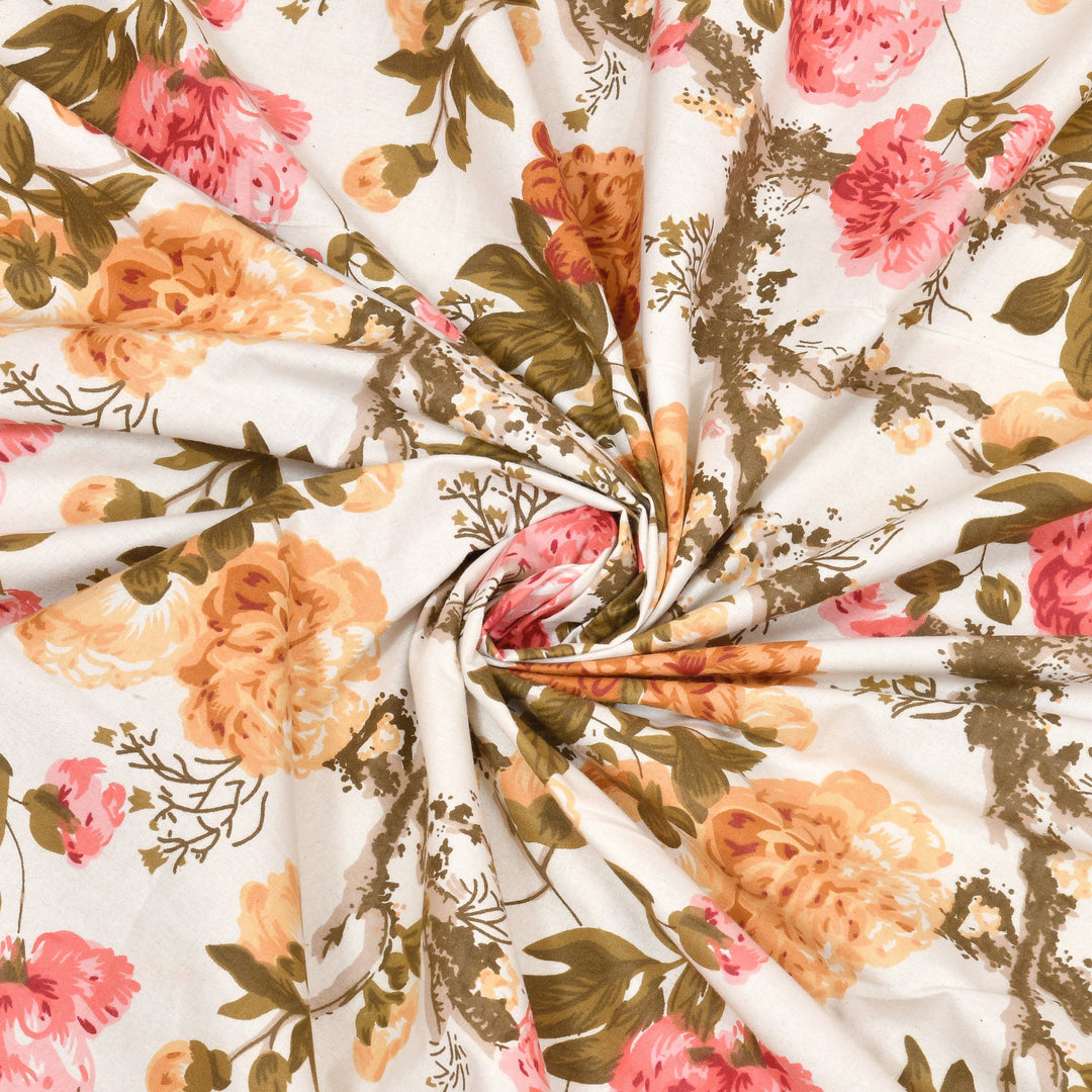 Bella Casa Fashion & Retail Ltd BEDSHEET 72 inch x 78 inch + 10 inch / Mustard & Pink / 100 % Pure Cotton Double Fitted Bedsheet Set 100% Cotton with 2 Pillow Covers Floral Design Mustard & Pink Colour - Scarlet Collection