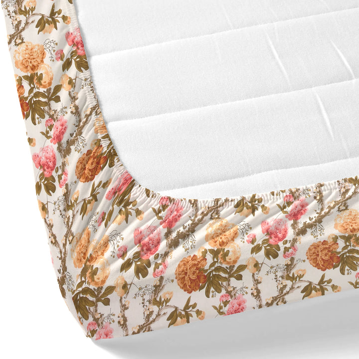 Bella Casa Fashion & Retail Ltd BEDSHEET 72 inch x 78 inch + 10 inch / Mustard & Pink / 100 % Pure Cotton Double Fitted Bedsheet Set 100% Cotton with 2 Pillow Covers Floral Design Mustard & Pink Colour - Scarlet Collection