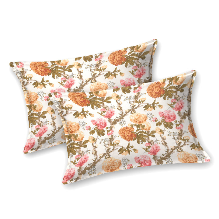 Bella Casa Fashion & Retail Ltd BEDSHEET 72 inch x 78 inch + 10 inch / Mustard & Pink / 100 % Pure Cotton Double Fitted Bedsheet Set 100% Cotton with 2 Pillow Covers Floral Design Mustard & Pink Colour - Scarlet Collection