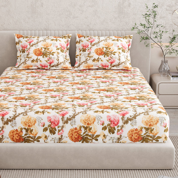 Bella Casa Fashion & Retail Ltd BEDSHEET 72 inch x 78 inch + 10 inch / Mustard & Pink / 100 % Pure Cotton Double Fitted Bedsheet Set 100% Cotton with 2 Pillow Covers Floral Design Mustard & Pink Colour - Scarlet Collection
