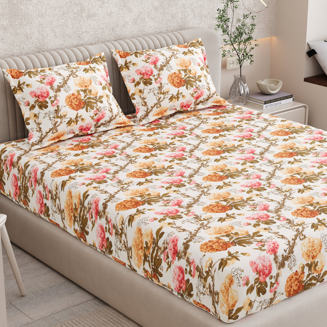 Bella Casa Fashion & Retail Ltd BEDSHEET 72 inch x 78 inch + 10 inch / Mustard & Pink / 100 % Pure Cotton Double Fitted Bedsheet Set 100% Cotton with 2 Pillow Covers Floral Design Mustard & Pink Colour - Scarlet Collection
