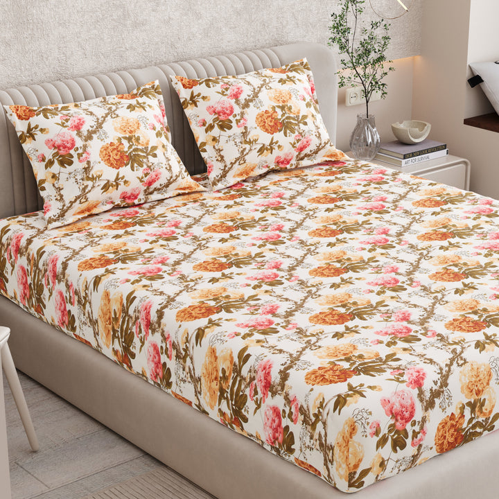 Bella Casa Fashion & Retail Ltd BEDSHEET 72 inch x 78 inch + 10 inch / Mustard & Pink / 100 % Pure Cotton Double Fitted Bedsheet Set 100% Cotton with 2 Pillow Covers Floral Design Mustard & Pink Colour - Scarlet Collection
