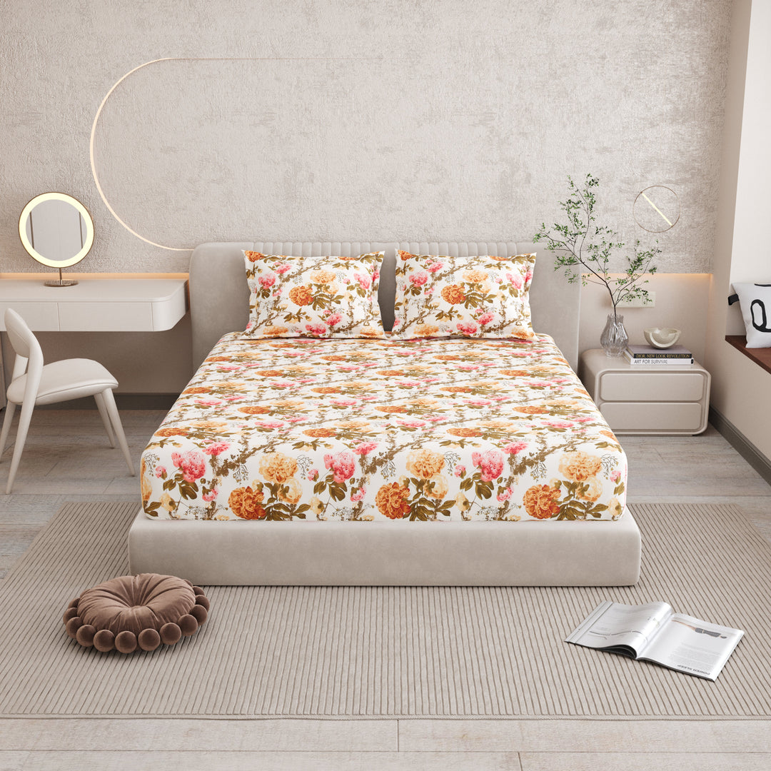 Bella Casa Fashion & Retail Ltd BEDSHEET 72 inch x 78 inch + 10 inch / Mustard & Pink / 100 % Pure Cotton Double Fitted Bedsheet Set 100% Cotton with 2 Pillow Covers Floral Design Mustard & Pink Colour - Scarlet Collection