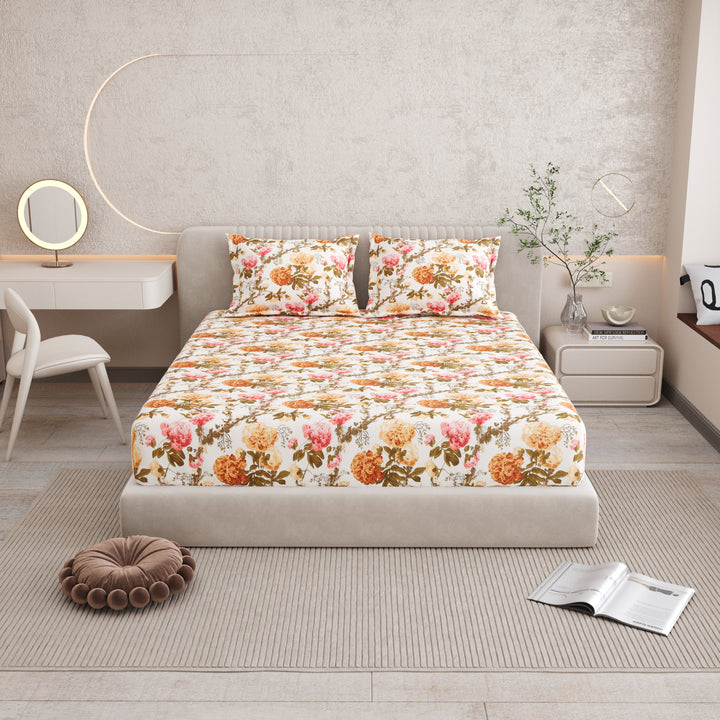 Bella Casa Fashion & Retail Ltd BEDSHEET 72 inch x 78 inch + 10 inch / Mustard & Pink / 100 % Pure Cotton Double Fitted Bedsheet Set 100% Cotton with 2 Pillow Covers Floral Design Mustard & Pink Colour - Scarlet Collection