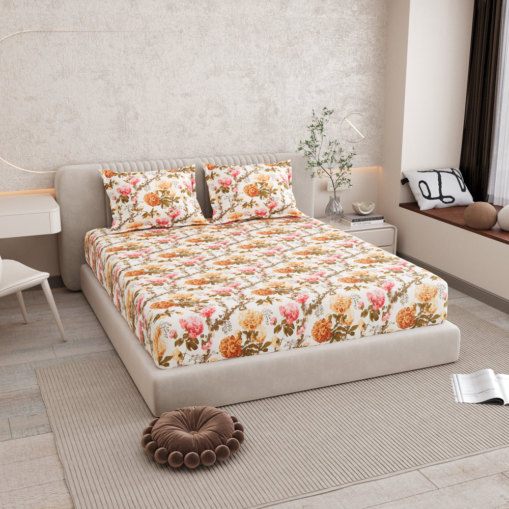 Bella Casa Fashion & Retail Ltd BEDSHEET 72 inch x 78 inch + 10 inch / Mustard & Pink / 100 % Pure Cotton Double Fitted Bedsheet Set 100% Cotton with 2 Pillow Covers Floral Design Mustard & Pink Colour - Scarlet Collection