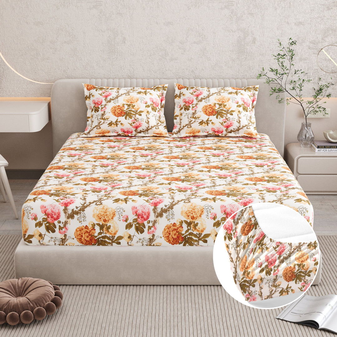 Bella Casa Fashion & Retail Ltd BEDSHEET 72 inch x 78 inch + 10 inch / Mustard & Pink / 100 % Pure Cotton Double Fitted Bedsheet Set 100% Cotton with 2 Pillow Covers Floral Design Mustard & Pink Colour - Scarlet Collection